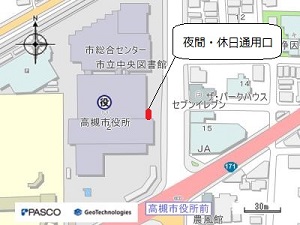 高槻市役所　夜間・休日通用口を示した地図