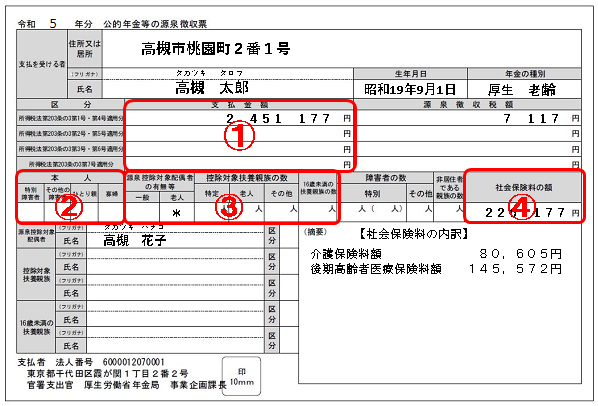 公的年金の源泉徴収票のイメージ