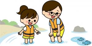 川で水遊びをする親子のイラスト