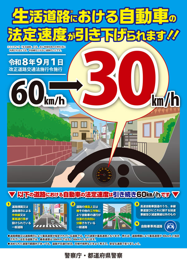 生活道路における自動車の法定速度が引き下げられます(令和8年9月1日改正)ポスター